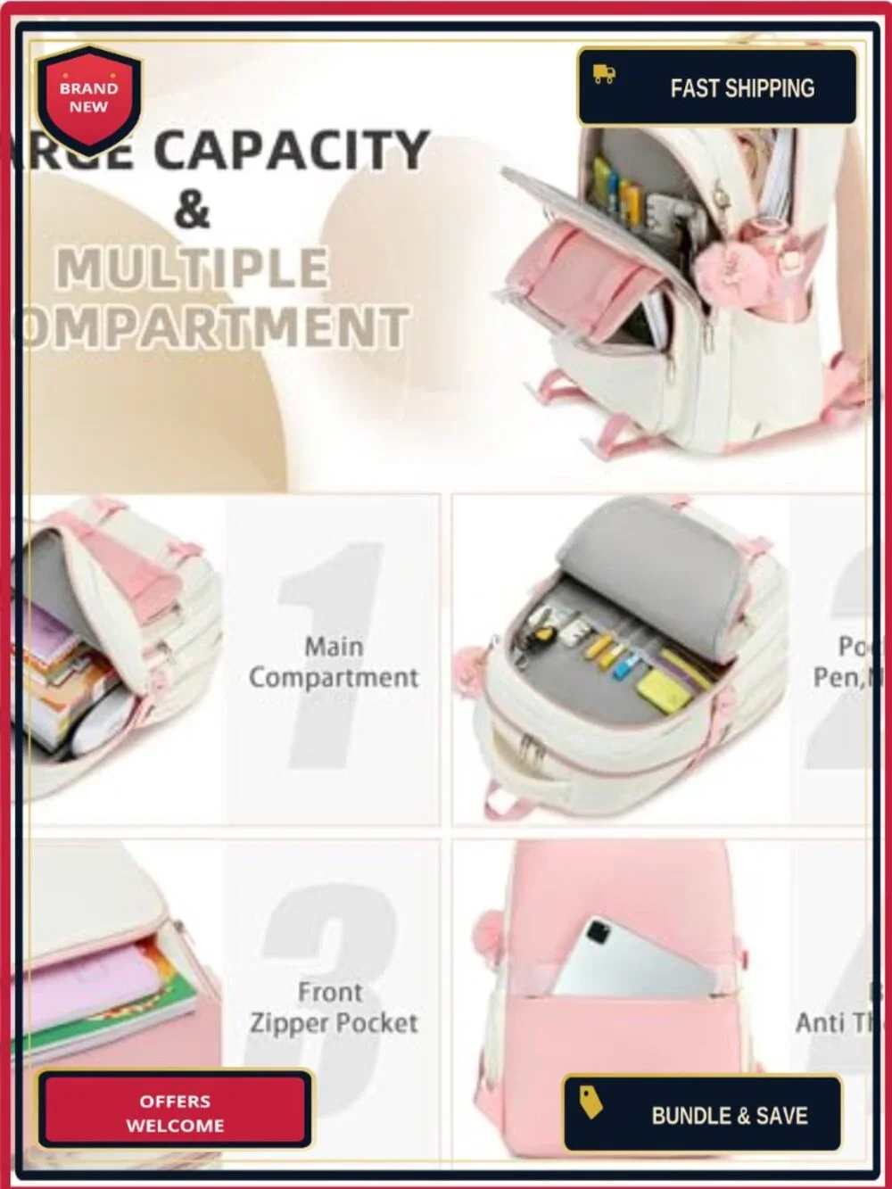 3-Piece Backpack Set with Lunch Bag & Pencil Pouch for Girls, Teens, Women,